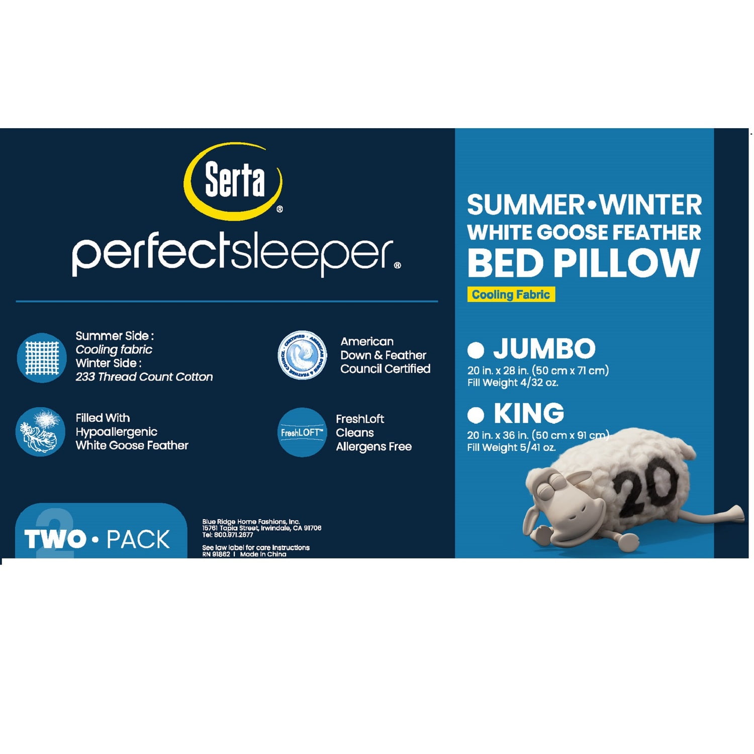 Serta 233 Thread Count Summer And Winter White Goose Feather Bed Pillow