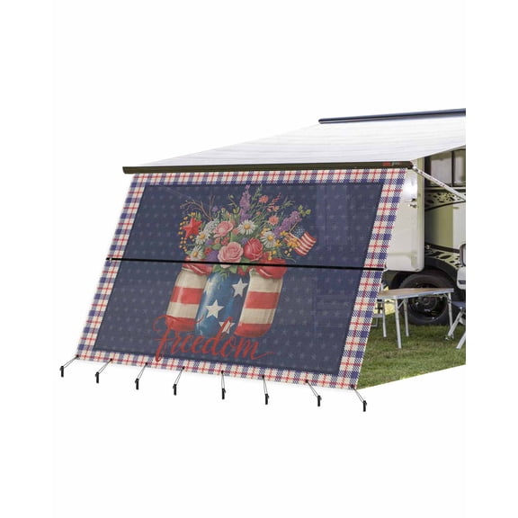 4th of July RV Awning Sun Shade Screen 9'X15.3' Patriotic American Flag Mesh Sunscreen Floral Vase Star Freedom Awning Shade Screen with Zipper UV Blocker Completed Kits for RV Motorhome Camper