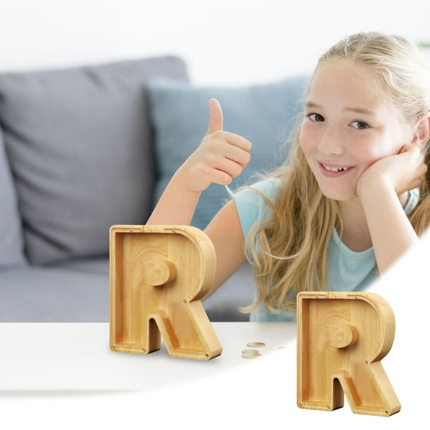 Lata de ahorros de madera con letras en inglés, lata de ahorros de vidrio transparente, alcancía
