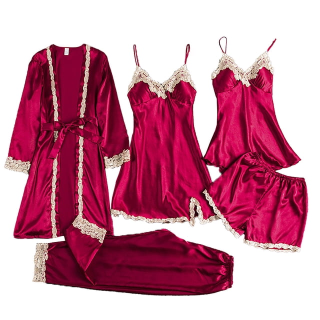 Ploknplq Pajamas for Women Set,Cotton Pajamas for Women Set,Lounge Sets for Women,Garter Set Robes Lace Bodysuit Deep Underwear,Silk Pajamas for Women,Cute Pajama Sets for Women Red 2XL