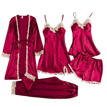 Fadeal Pajamas for Women Set Women s Robes Lace Bodysuit Deep V Neck Underwear 1 Cotton Nightgowns Silk Pajamas for Women Red 2XL