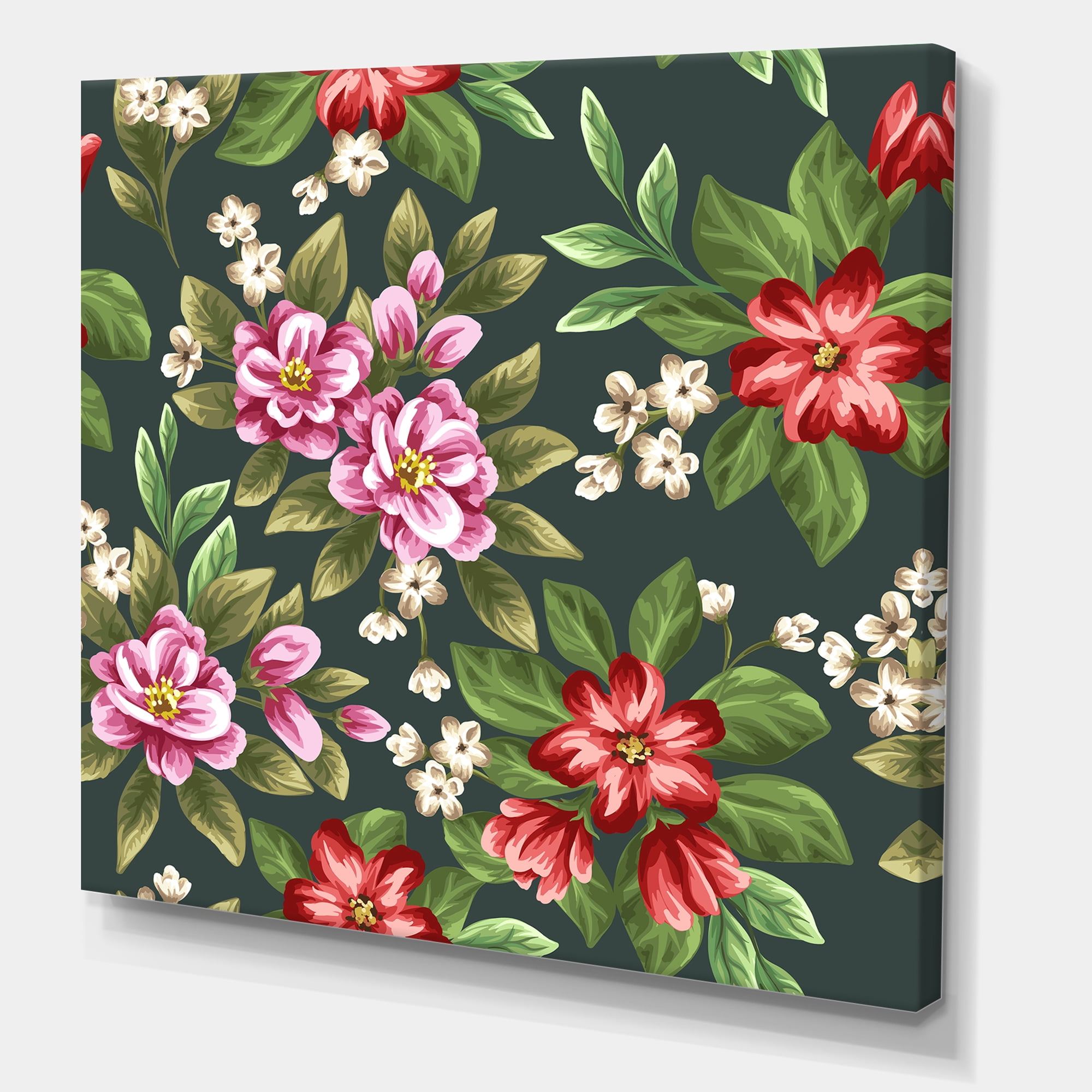 Designart ' Vintage Red and Pink Wildflowers I ' Traditional Canvas Wall Art Print