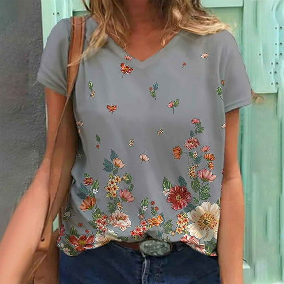 QLEICOM Trendy Butterfly T-Shirt, Women's Summer Short Sleeve Tunic Tops, Plus Size V Neck Graphic Tees Shirt, Casual Comfy Blouses T-Shirts Pullover Tees S-2XL, Gifts for Mom