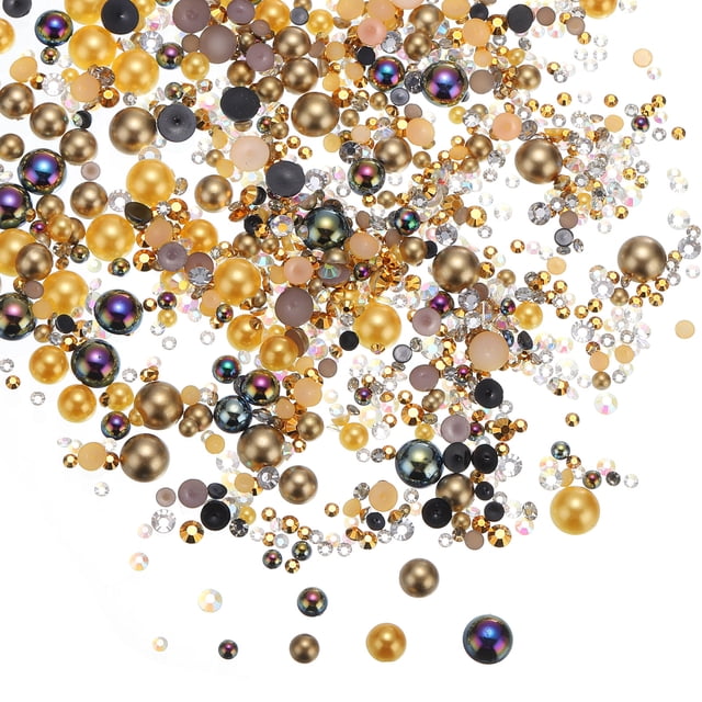 Perlas planas y piedras brillantes de 3-10 mm, perlas y piedras brillantes de tamaño mixto para arte de uñas DIY, mezcla de oro y negro 60g