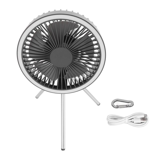 Ventilador de camping con luz de 3 niveles, batería recargable de 10000 mAh, ventilador de tienda de campaña de 3 velocidades con gancho, trípode, ventilador de mesa portátil, color gris