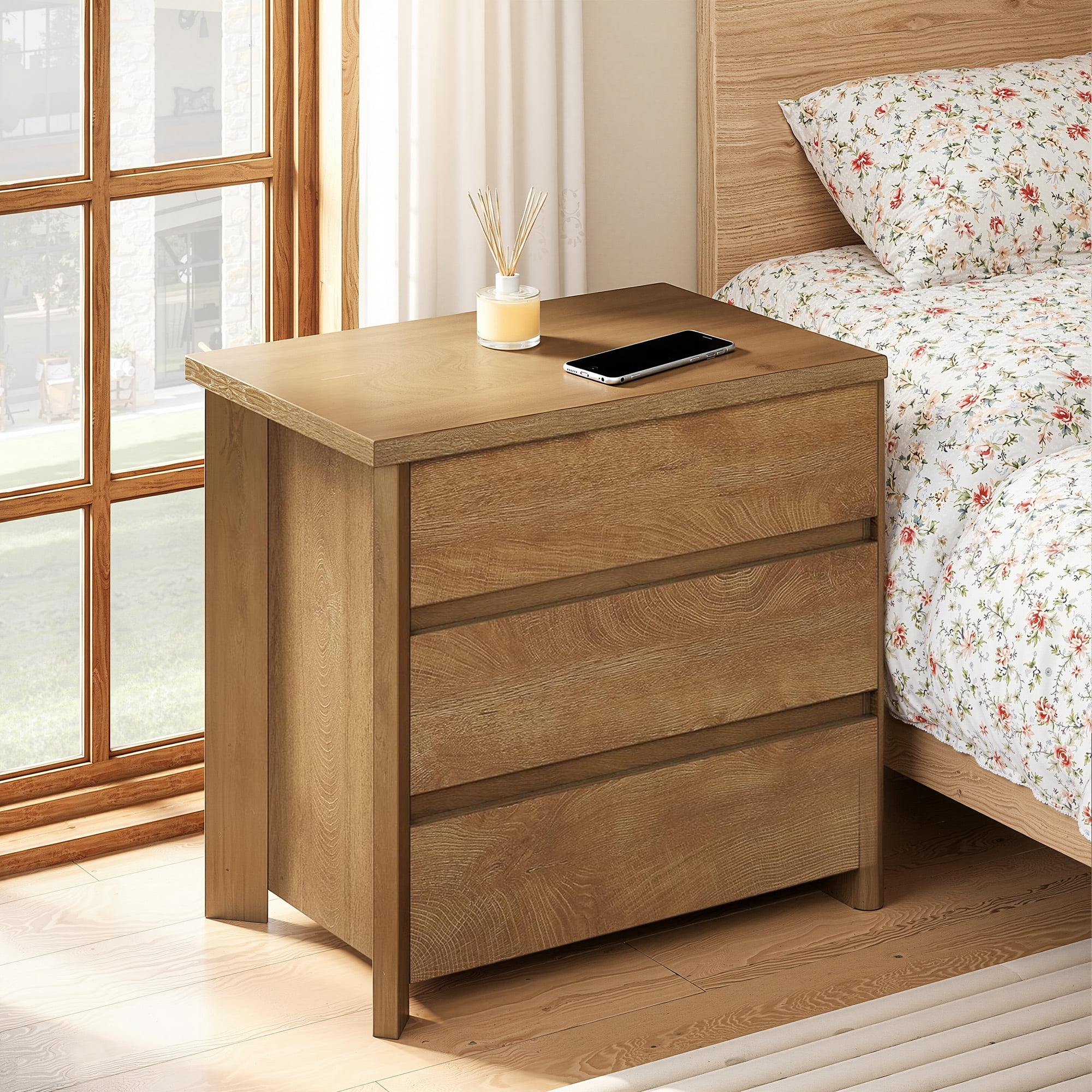 MAYEERTY 3-Drawer Rustic Brown Nightstand, Smooth Sliding Drawers Spacious Storage Bedside Table for Bedroom