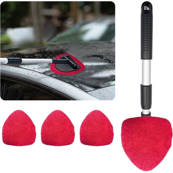 DISEN Car Windshield Cleaner, Microfiber Auto Cleaning Wiper with Aluminum Extendable Handle and 2 Washable Reusable Cloth Pad Head, Universal Vehicle Interior Exterior Cleaner Kit (Red-Triangle)
