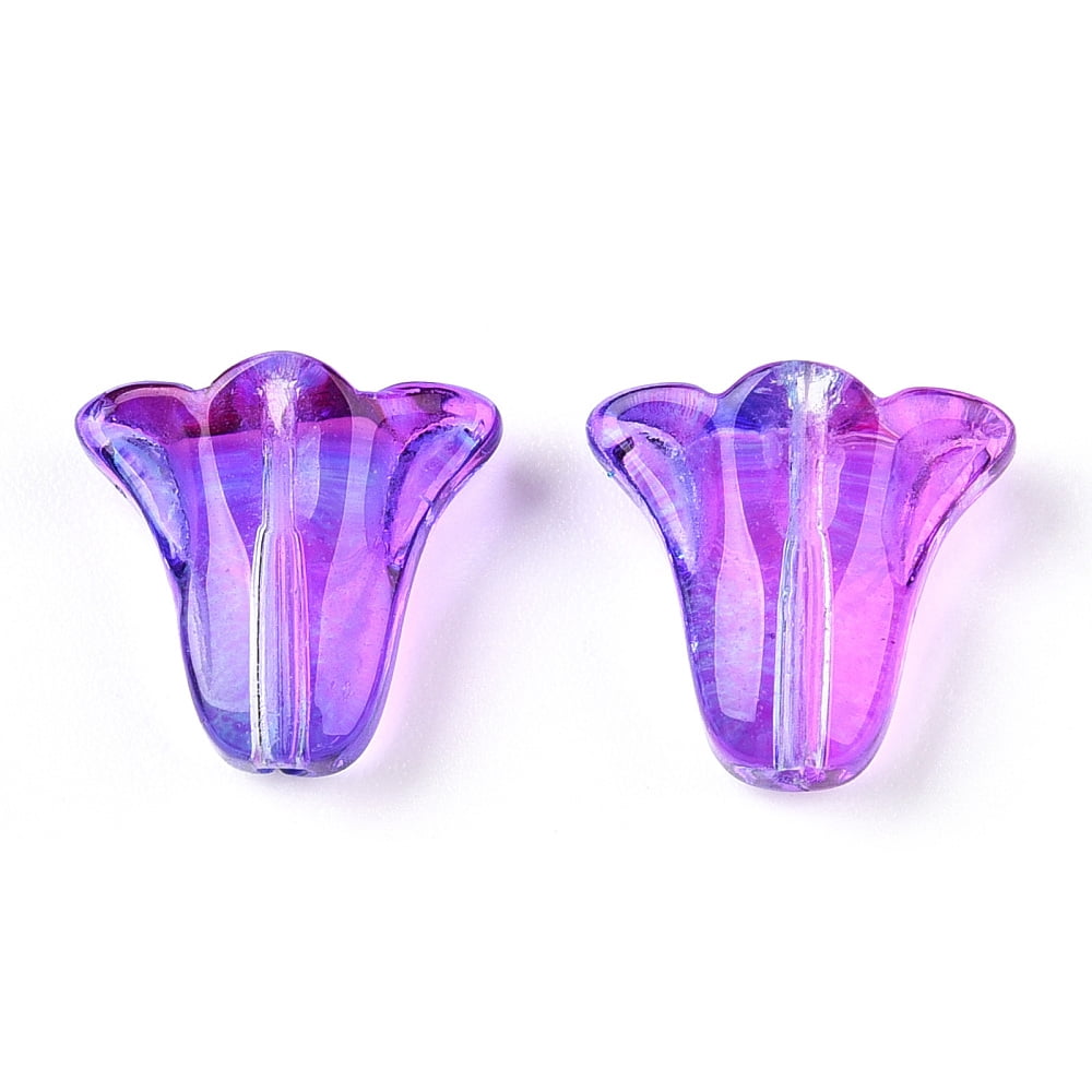 Spray Painted Transparent Glass Beads Tulip Flower Blue Violet 10x11x5.5mm Hole: 1mm