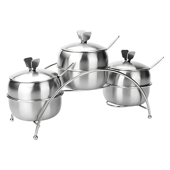 3 Pcs Spice Storage, Stainless Steel Condiment Set with Lids and Spoons, Modern Design, Great for Kitchens and Parties, Reusable and Long-Lasting