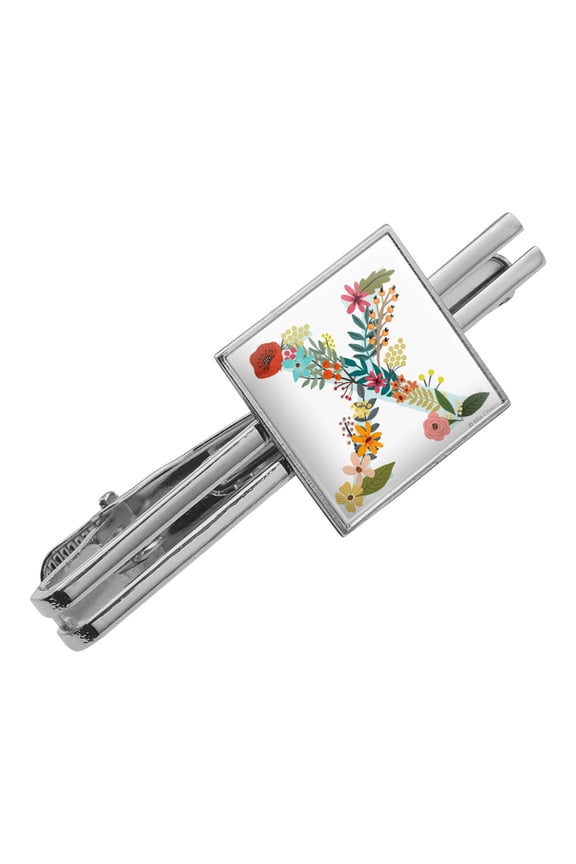 Letter X Floral Monogram Initial Square Tie Bar Clip Clasp Tack- Silver or Gold