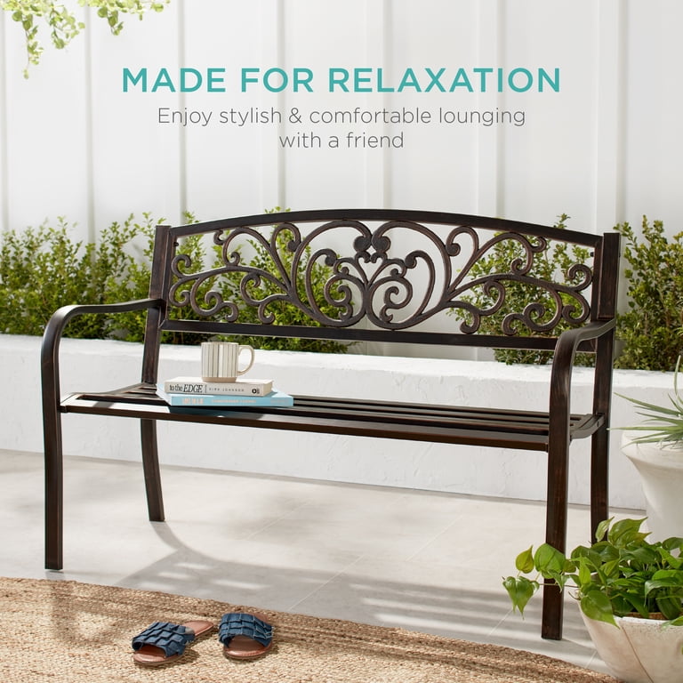 Best Choice Products Steel Garden Bench with Floral Backrest photo 6