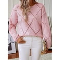 thumbnail image 6 of Womens Crew Neck Crochet Long Sleeve Hollow Out Knit Sweaters Fashion Loose Casual Sequin Pullover Pullovers Pink M, 6 of 8