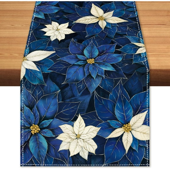 Winter Navy Blue Poinsettia Table Runner Christmas Floral Burlap Table Runners, Xmas Holiday Seasonal Coffee Table Center Decor for Home Kitchen Dining Party Indoor Outdoor 13x72 Inch