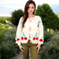 thumbnail image 2 of Women's Chunky Knit Tie-Front Cardigan with Cherry Pattern - Large, White, 2 of 7