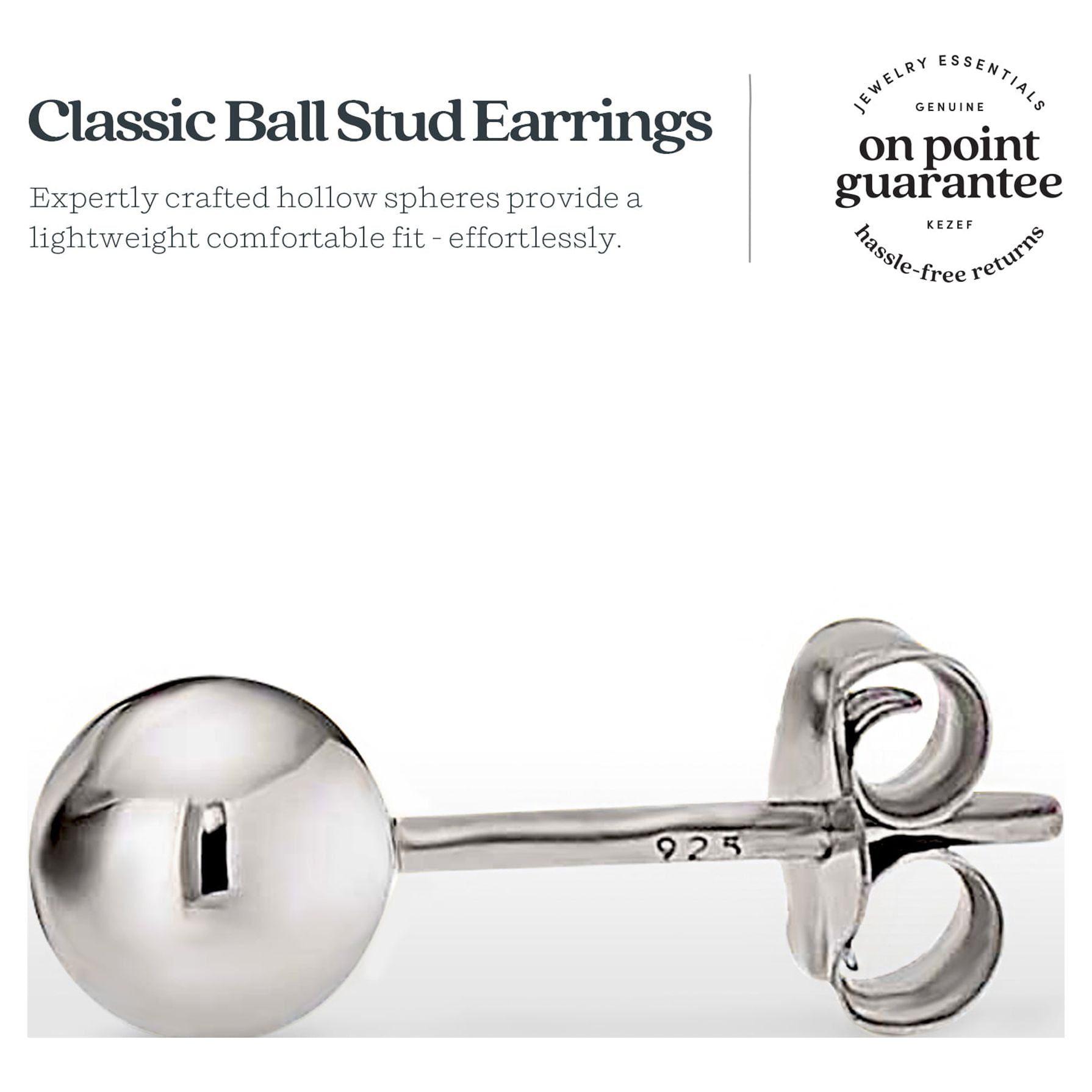 Kezef Women's 925 Sterling Silver High Polish Smooth Round Ball Stud Earring 7-Size Set - 2mm to 8mm