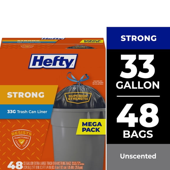 Hefty Strong 33 Gallon Trash Bags, Unscented, Black, 48 Count