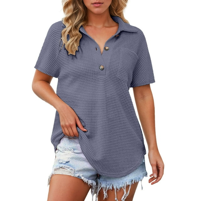 Hiiyo T-Shirt Décontracté Gaufré pour Femmes Manches Courtes Polo avec Poche, Tailles P