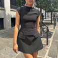 thumbnail image 3 of Women Elegant Slim Solid Pockets Mini Dress O-neck Short Sleeve A-line Chic Robe-DF, 3 of 5