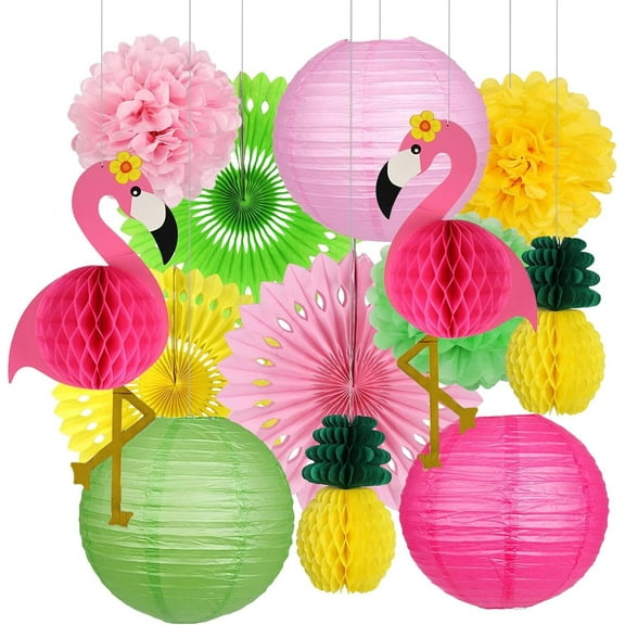 Flamingo Party Decorations, Hawaiian Party Supplies Flamingo Honeycomb Ball Paper Lanterns Tissue Paper Fan for Birthday Luau Tropical Bachelorette Party