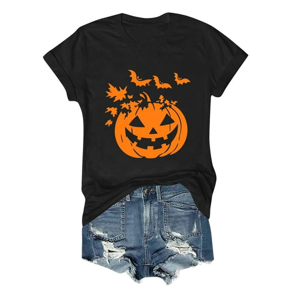 Inverlee Women's Halloween Shirts Cute Pumpkin Ghost Graphic Tees Going Out Round Neck T-shirt Short Sleeve Dressy Casual Blouse Tops Halloween Gifts