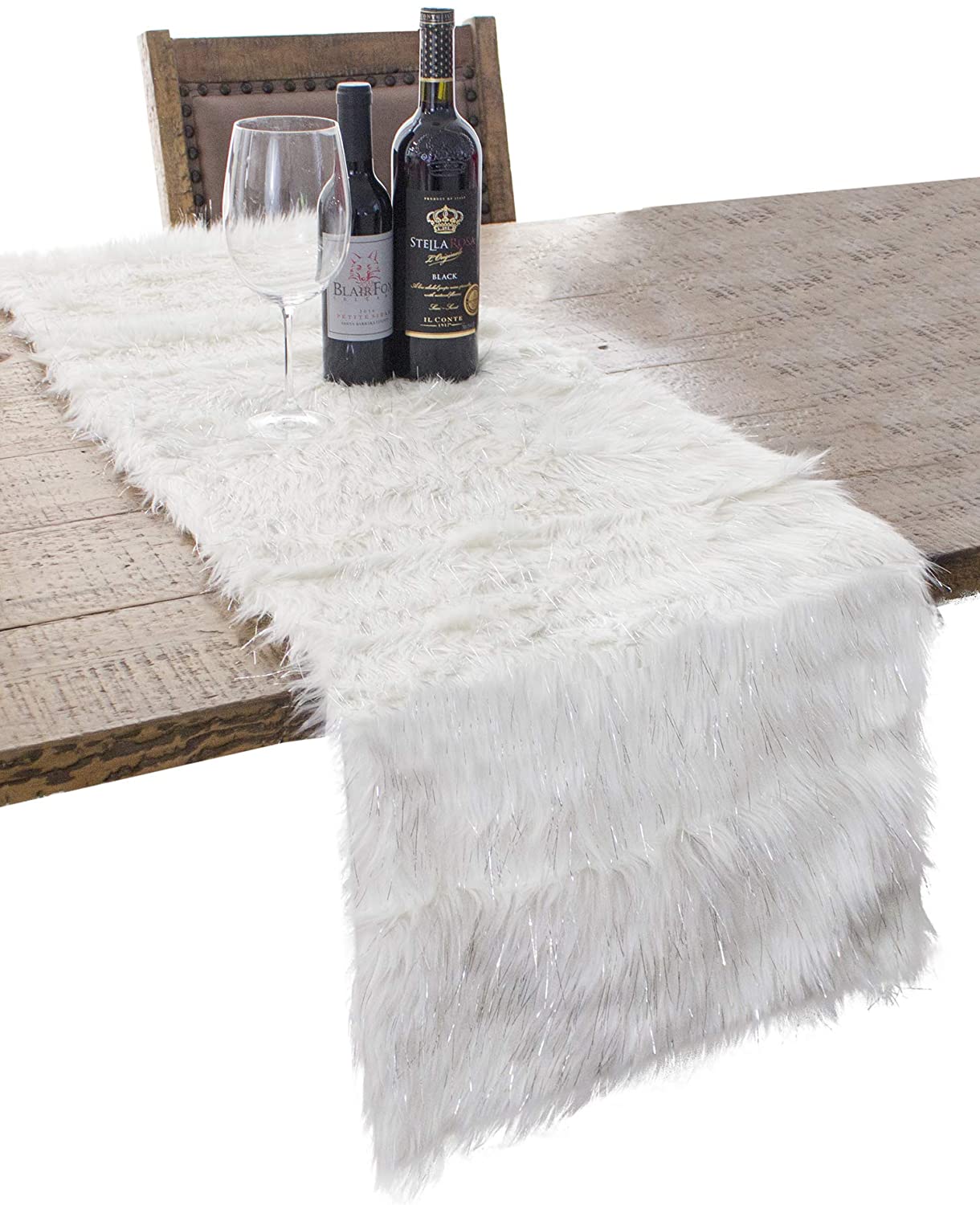 Fennco Styles Holiday Christmas Decorative Exquisite White Faux Fur with Silver Metallic Thread Table Runner 15" W x 90" L