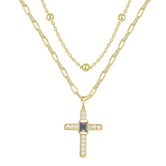 14KT Gold Flash Plated Cross Double Necklace Set with Simulated Diamonds Ladies Adult