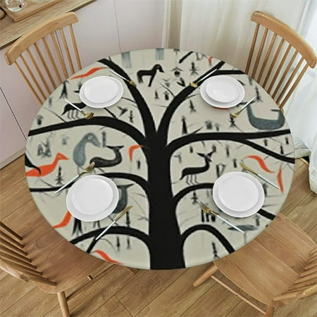 

HAOXIT Abstract Round Fitted Tablecloth with Elastic Edge Monochrome Autumn Season Tree Print Polyester Table Pad Fits Round Table The Ultimate Protection for Your Table Black and White 42-46