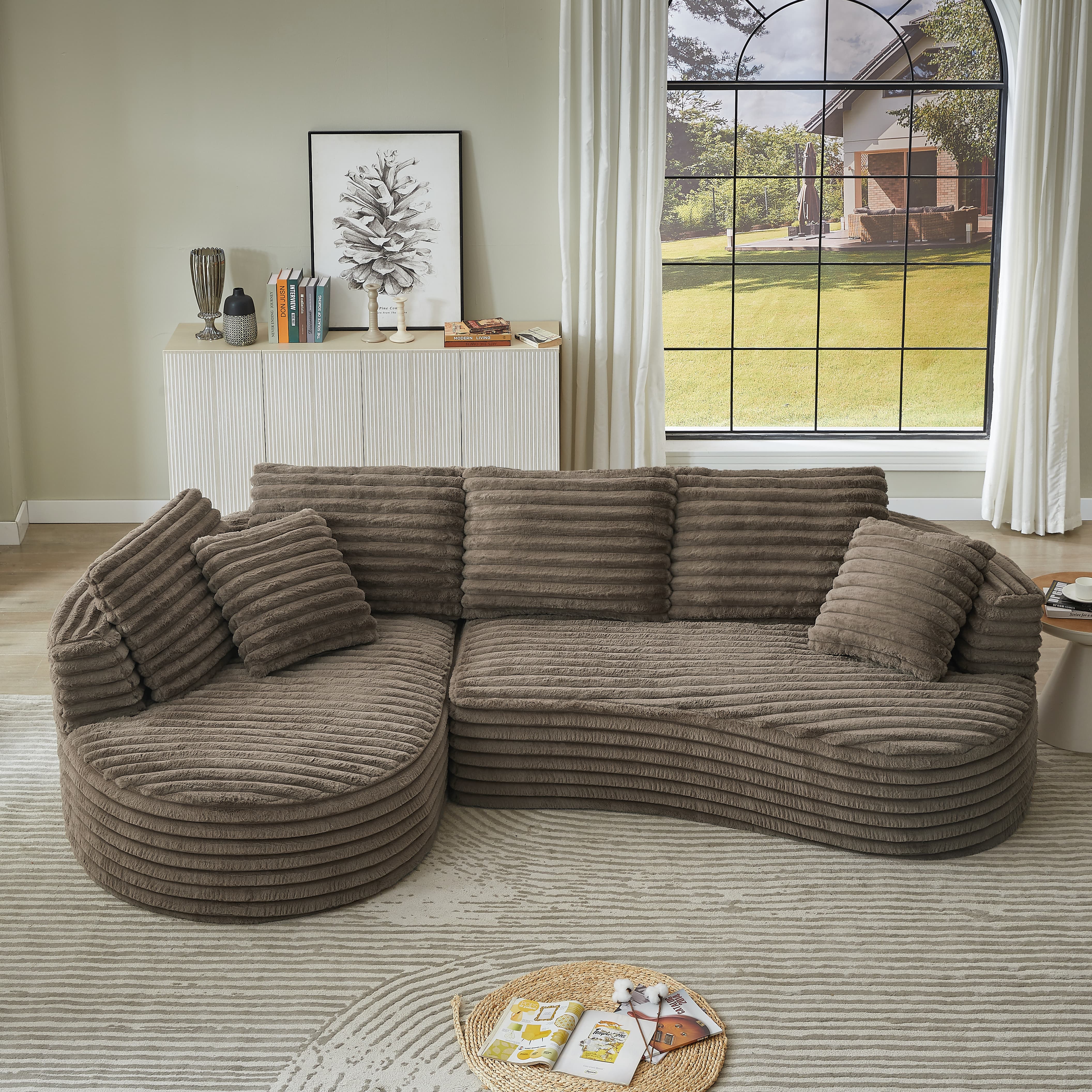 MAYEERTY Corduroy Curved L-Shape Oversized Sectional Sofa, Minimalist Luxury Sleeper Couch for Apartments, 121"W x 66"D x 35"H