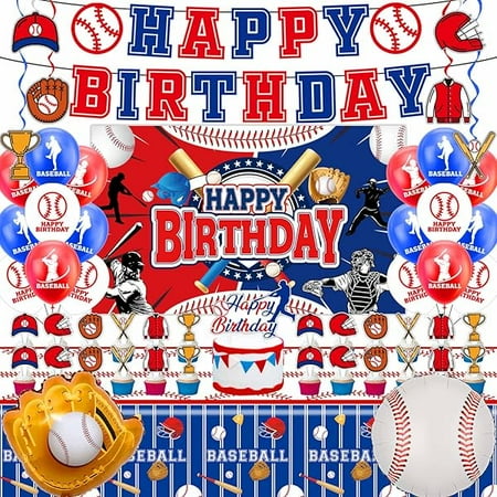 WEEKS Baseball Birthday Party Decorations, Baseball Birthday Party Supplies Set Including Banner, Hanging Swirls, Foil Balloons, Latex Balloons, Cake Toppers, Backdrop and Tablecloth