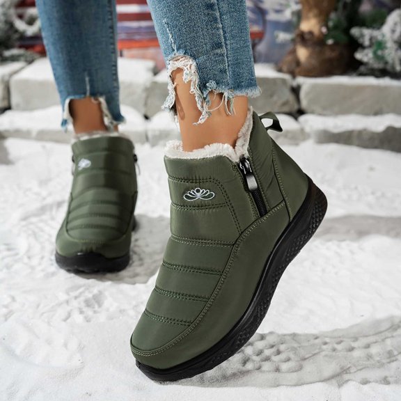 Gamivast Boots for Women Quilted Puffer Ankle Boots Side Zip Round Toe Faux Plush Fleece Lined Snow Boots for Outdoor Travel Walking Winter Casual Footwear Green 45