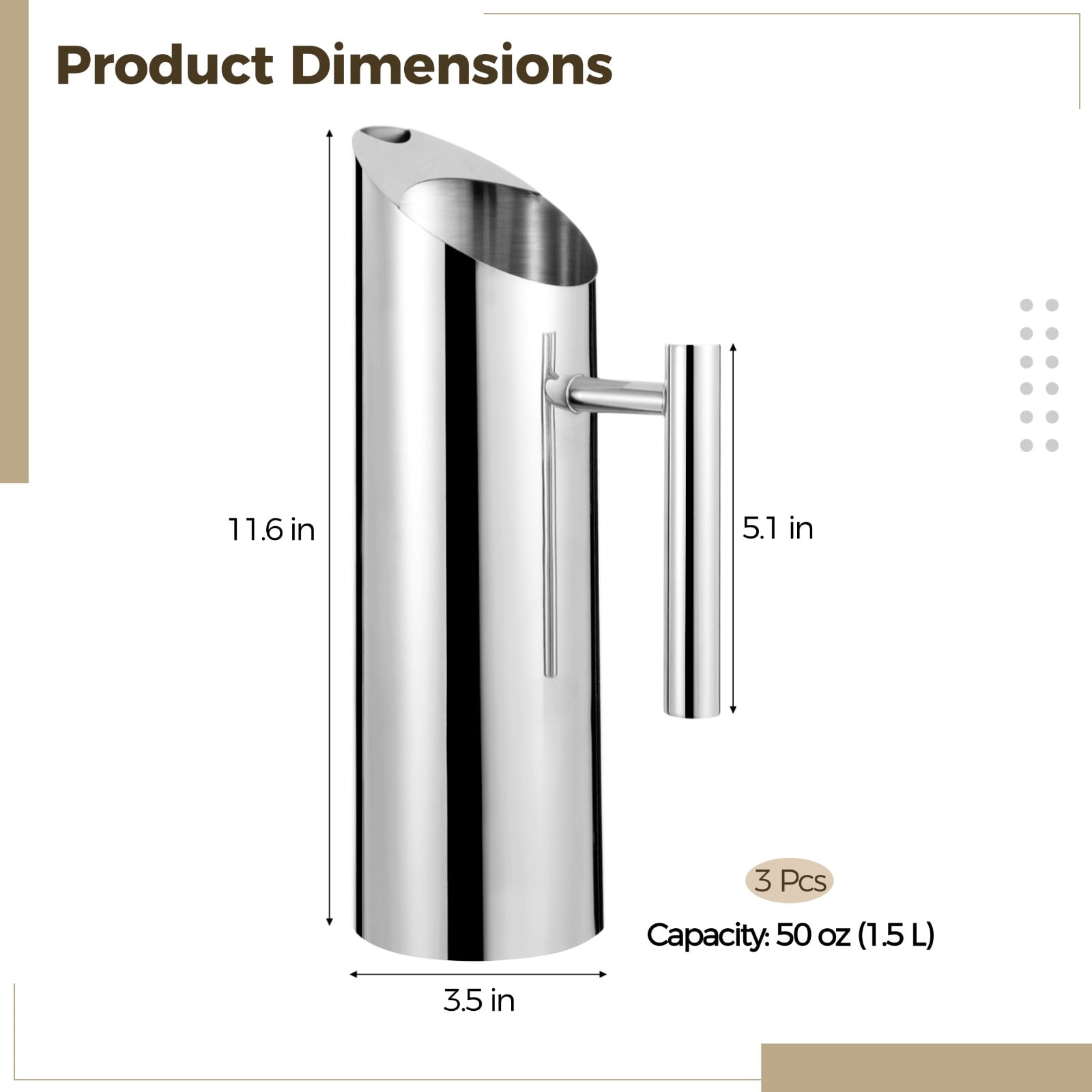3 PCS Stainless Steel Water Pitcher, 50 oz Steel Carafe with Ice Guard, 1.5 L Modern Drink Jug with Handle for Serving Iced Tea, Juice, Coffee, Beer, Wine, Stylish Metal Water Jug for Home, Bar