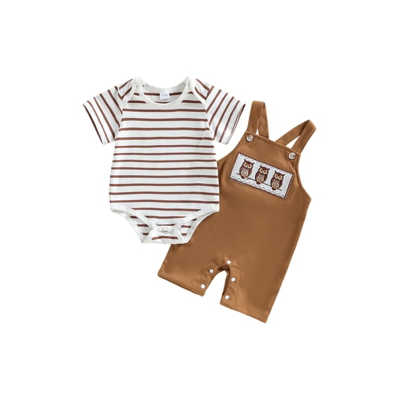 BemeyourBBs Newborn Baby Boy Summer Clothes Infant Boys Animal Outfit Striped Short Sleeve Romper Elephant Owl Embroidered Overall Suspender Shorts Set