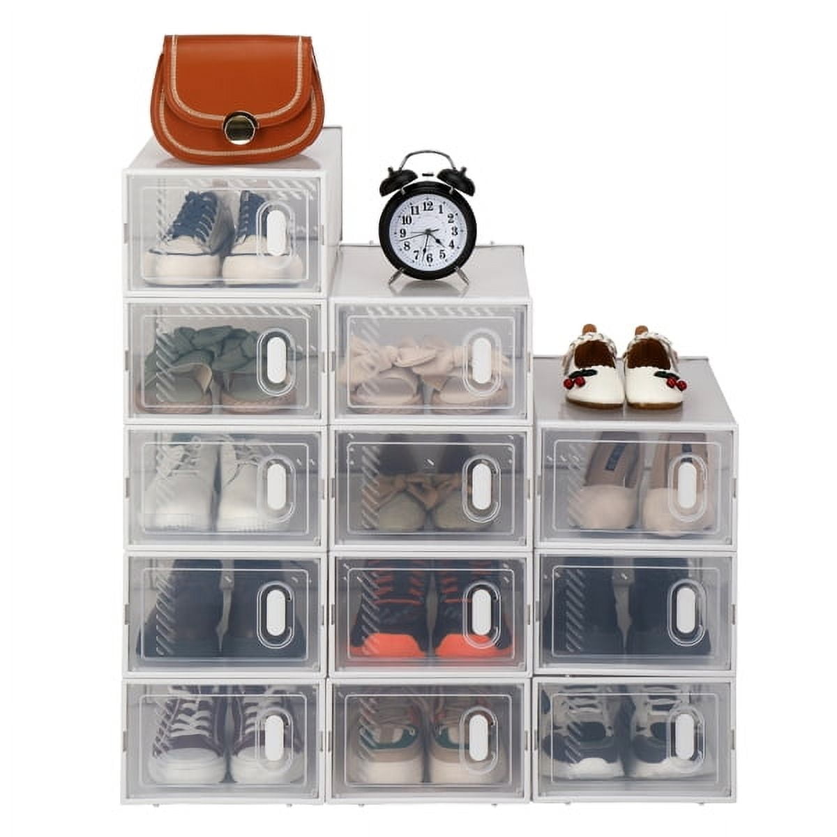 6-Pack Clear Plastic Stackable Shoe Boxes - PS Material, 13.4"x9.1"x5.5" with Clamshell Door for Closet/Entryway, Holds US 5-10 Shoes