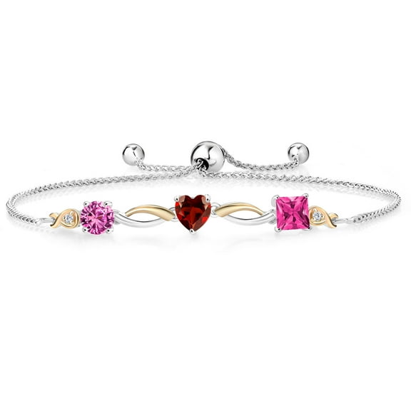 Gem Stone King 925 Silver and 10K Yellow Gold Pink Created Sapphire Red Garnet Pink Mystic Topaz and Lab Grown Diamond Tennis Bracelet for Women By Keren Hanan (2.35 cttw, Adjustable up To 9 inch)