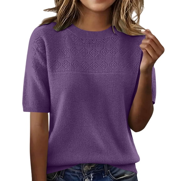 Womens Short Sleeve Tops Round Neck Knitted Short Sleeve Elegant Lightweight Pullover Summer Tops Short for Women