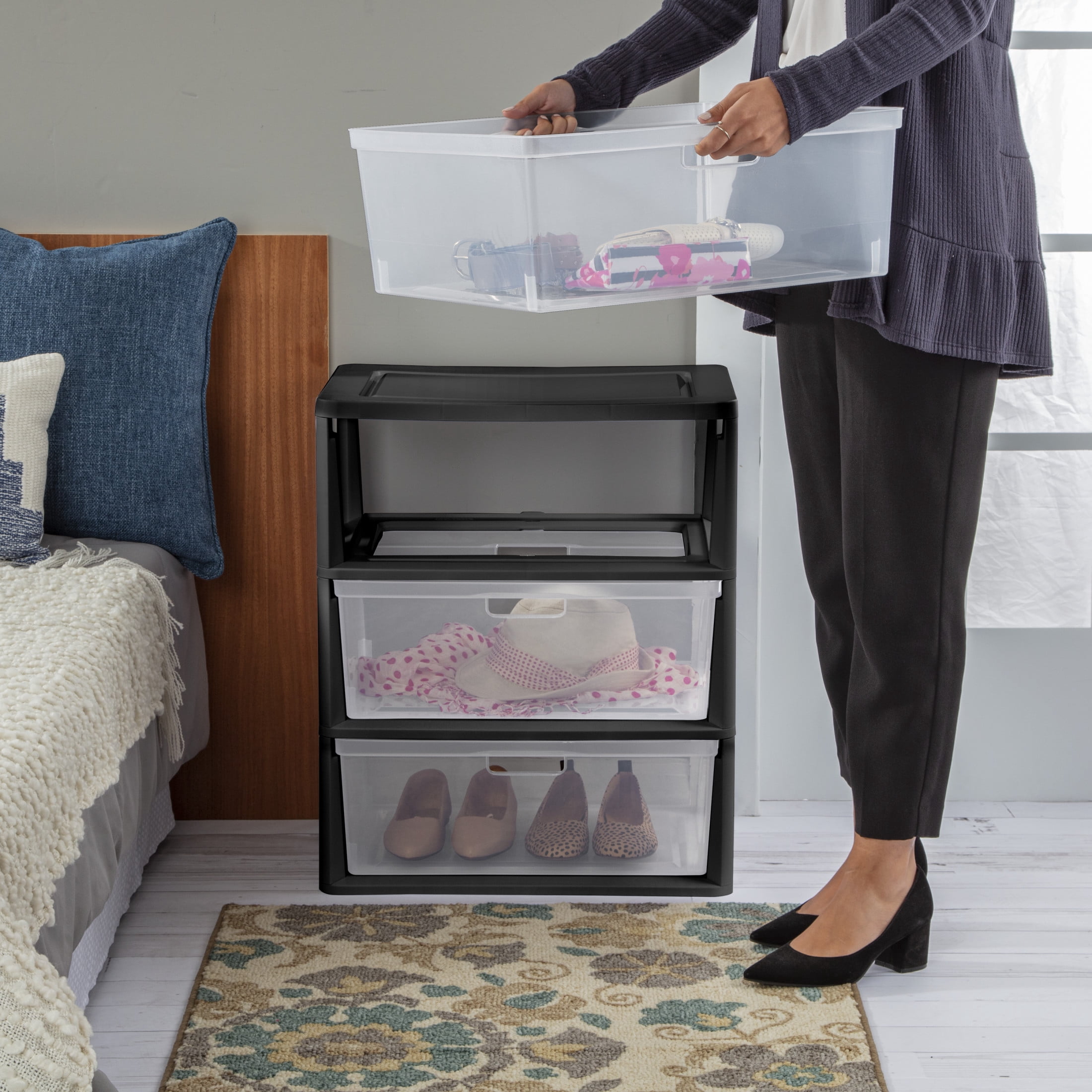 Sterilite Wide 3 Drawer Tower, Plastic Storage Organizer with Removable Clear Bins, Easy to Assemble - No Tools Needed, Black