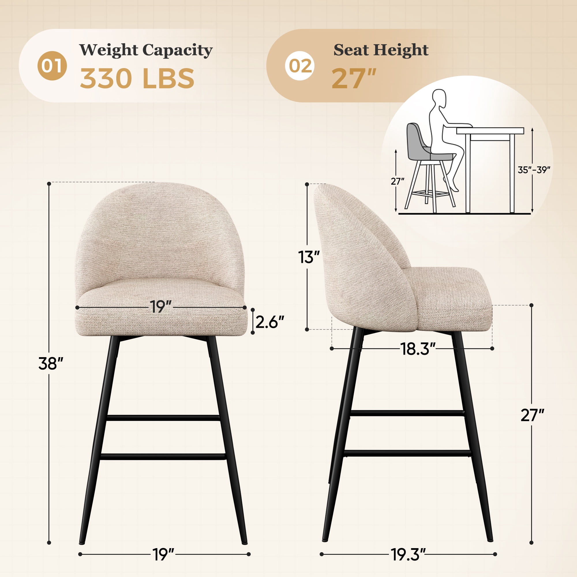 CDCASA Counter Height Bar Stools with Back Sets of 4, 360°Swivel Upholstered Barstools with Metal Legs, 27" Seat Height Bar Stool for Kitchen Island, Light Flax