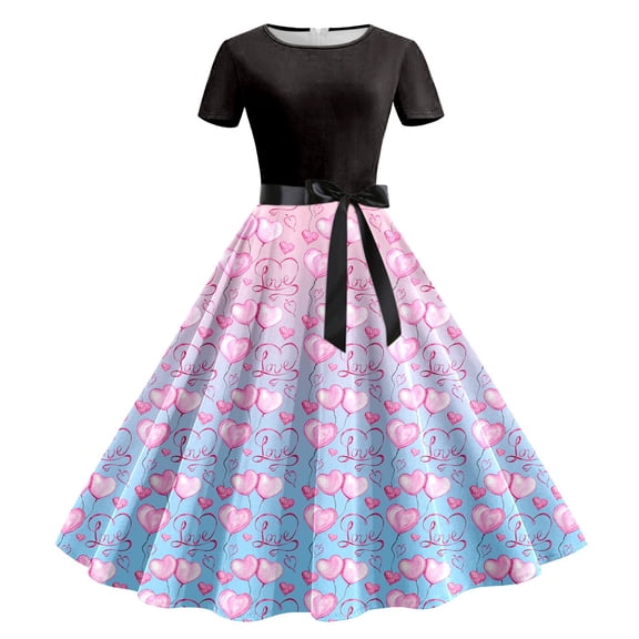 Womens Dresses Short Sleeve U Neck Valentine Print Audrey Hepburn Style Dress Casual Chic Outfits Casual Dresses for Women Blue L
