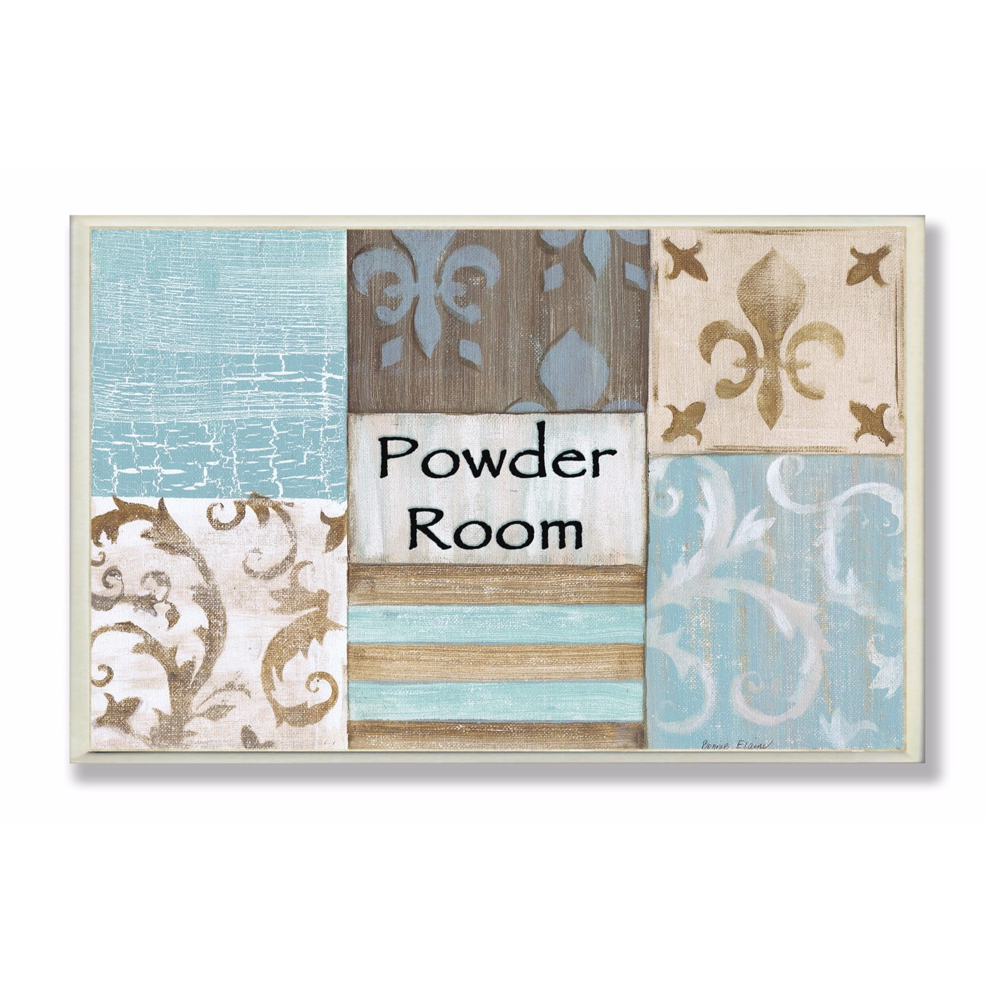 The Stupell Home Decor Collection Fleur de Lis Powder Room Blue, Brown and Beige Bathroom Oversized Wall Plaque Art, 12.5 x 0.5 x 18.5