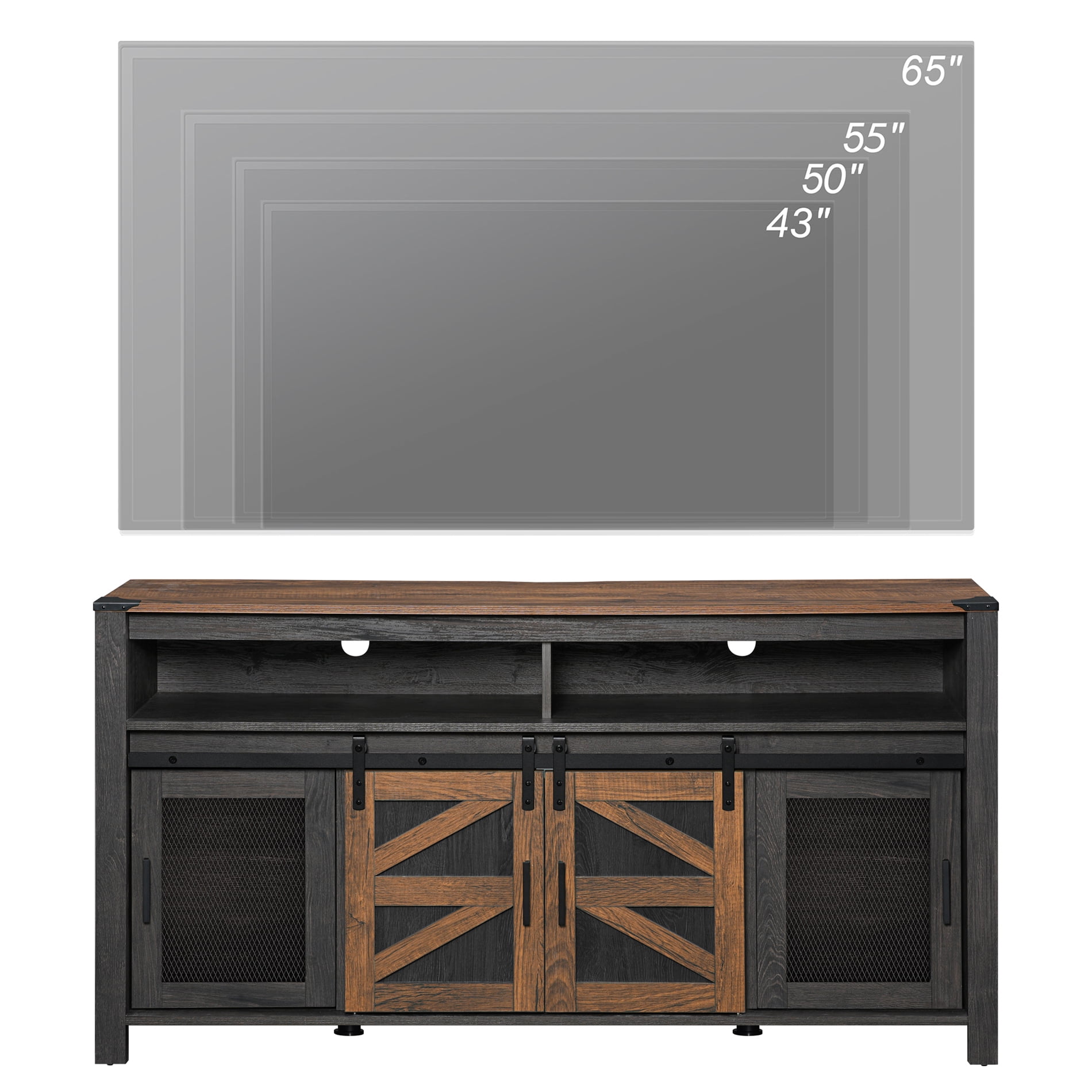 WAMPAT TV Media Console Stand for 65 Inch TV, Farmhouse Entertainment Center with Sliding Barn Door and Storage Shelves, Wood Television Stand for Living Room, Antique Black/Distressed Pine