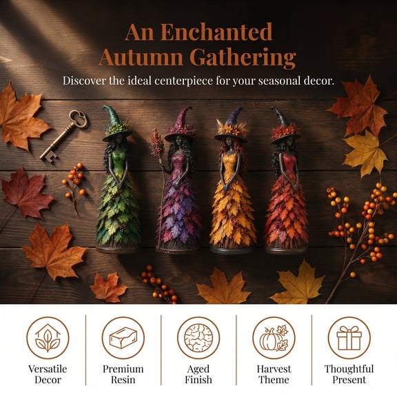 Enchanted Autumn Witch Figurine, Fall Witch Decor Halloween Tabletop Statue with Leaf Gown, Seasonal Resin Witch Decoration for Mantel Shelf Home Purple S