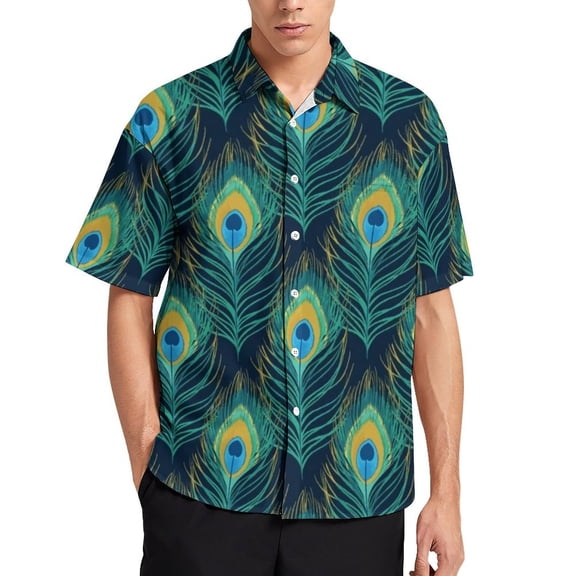 Peacock Feather Men's Short Sleeve Button Up Shirts Casual Regular-Fit Beach Summer Tops M-4XL