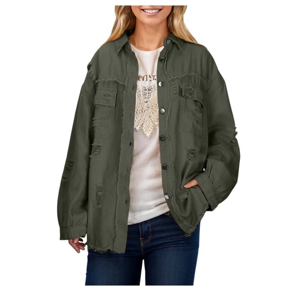 DHFJKG Womens Jackets Denim Jacket Distressed Ripped Solid Color Loose Fit Long Sleeve Button Down Casual Jean Coat Versatile Outerwear