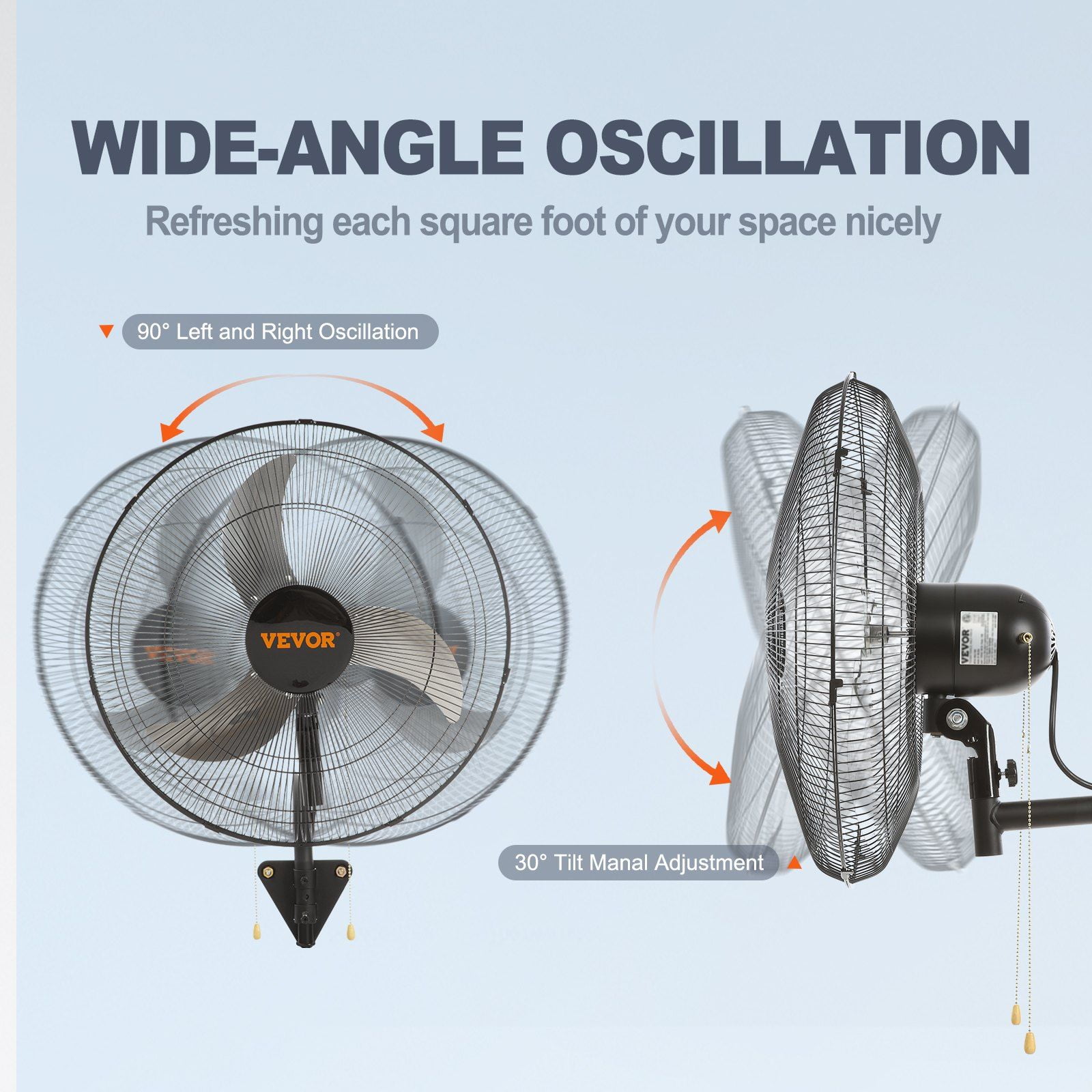20 Inch High Velocity Wall Fan, 3-Speed, 4650 CFM, Oscillating, for Commercial/Residential Use, ETL Certified, Black