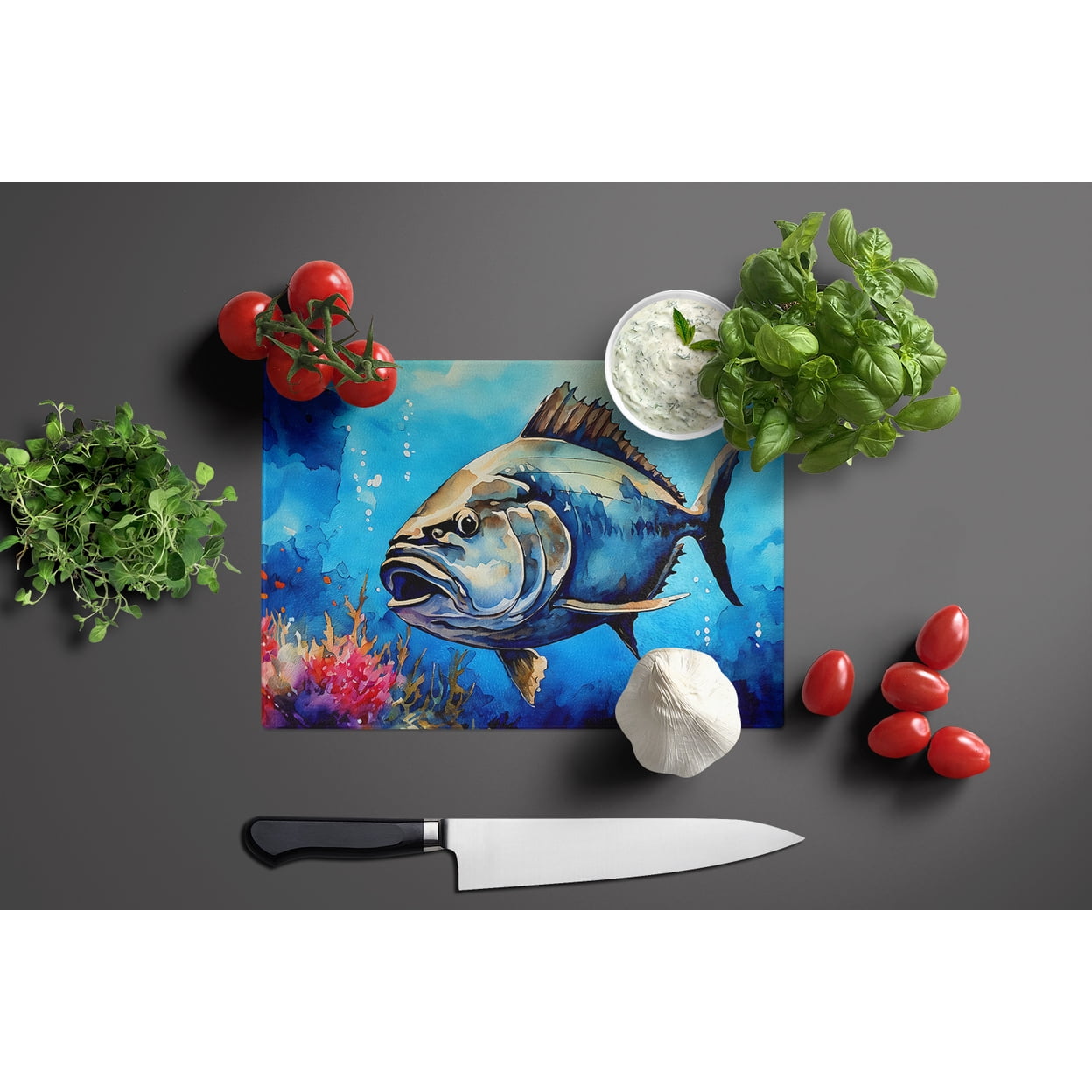 Bluefin Tuna Glass Cutting Board Large 12 in x 15 in
