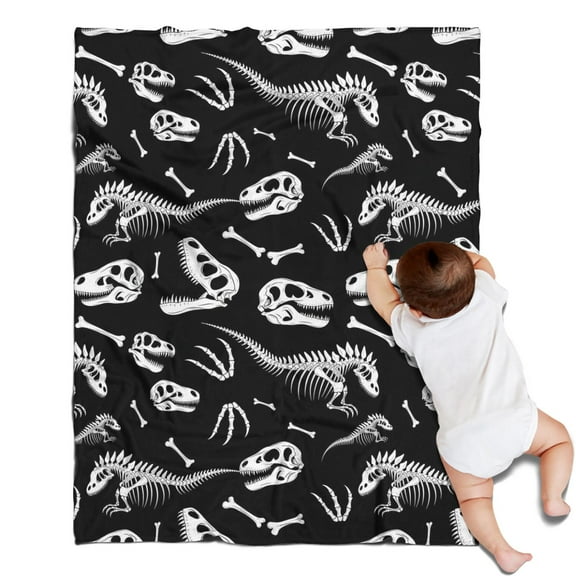 Black Cartoon Dinosaurs Skulls Skeletons Pattern Blanket,Comfortable Soft Flannel Throw Blanket,All Season,Warm Lightweight Blankets for Sofa Bed Couch Living Room Chair,30"x40"