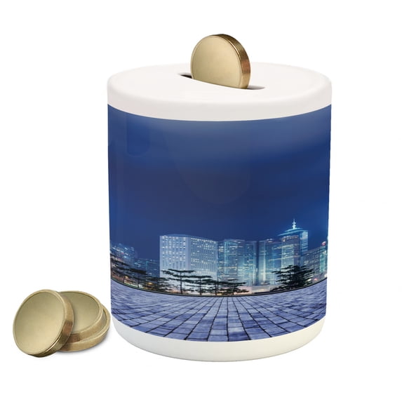 Urban Piggy Bank, Hong Kong Skyline Night Architectural Cityscape Skyscrapers Modern Photo, Ceramic Coin Bank Money Box for Cash Saving, 3.6" X 3.2", Purplegrey Royal Blue, by Ambesonne