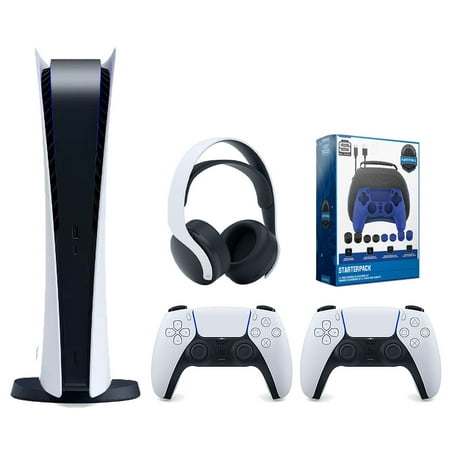 Sony Playstation 5 Digital Edition Console with Extra White Controller, White PULSE 3D Headset and Surge Pro Gamer Starter Pack 11-Piece Accessory Bundle