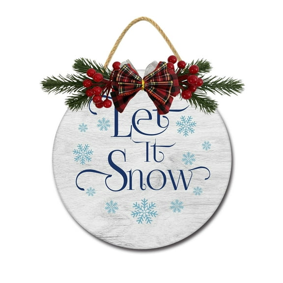Front Door Porch Decorations Let It Snow Door Hanging Sign 11 inch Wooden Wall Sign, Rustic Holiday Wreath Decor for Front Door Porch Home Window Wall Farmhouse Decorations
