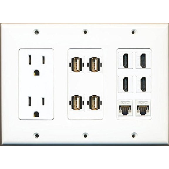 RiteAV 15A 125V Power Outlets   4 USB A-A 4 x HDMI and 2 CAT5e Port Wall Plate